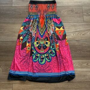 Pink Owl Strapless Boho Midi Dress Mandala Smocked M